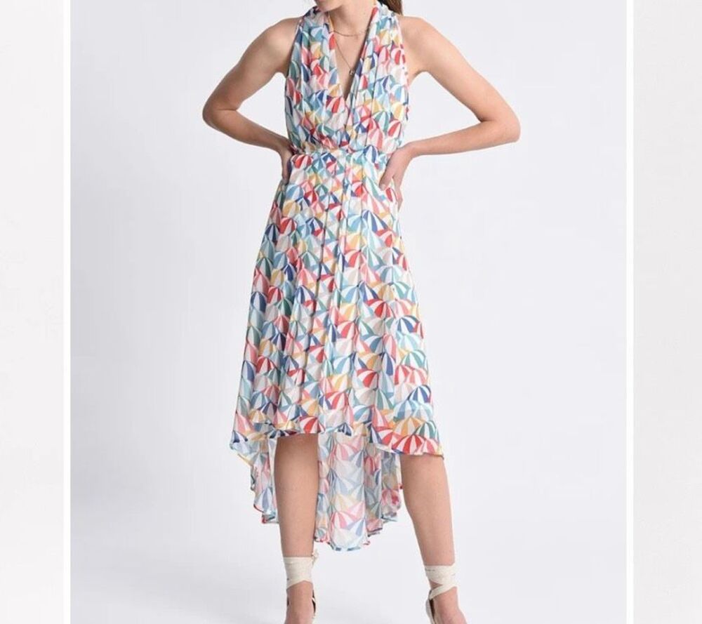 Molly Bracken women’s high low geometric, print, silky dress S